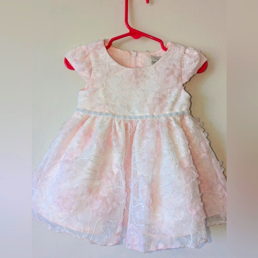 Rare Editions White and Pink Flutter Sleeve Dress For Baby Girl